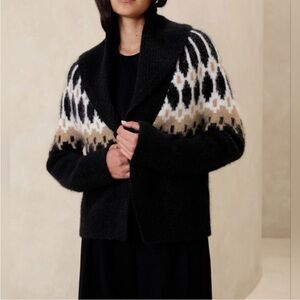 Banana Republic Fair Isle Open Front Cardigan Black Alpaca Wool Size S NWT